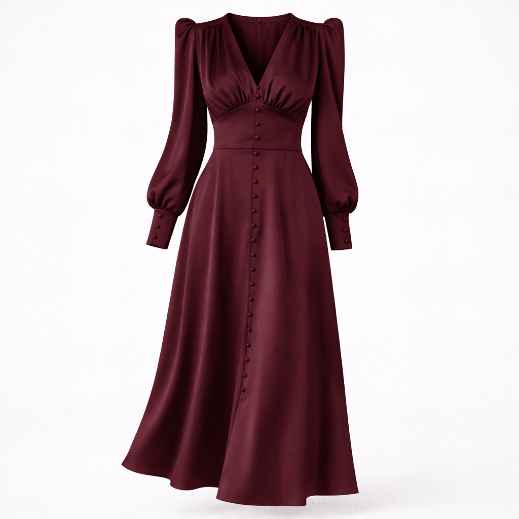 Satin Midi Dress – Button Down Front, Puff Sleeves for Formal Events - We are MFEO