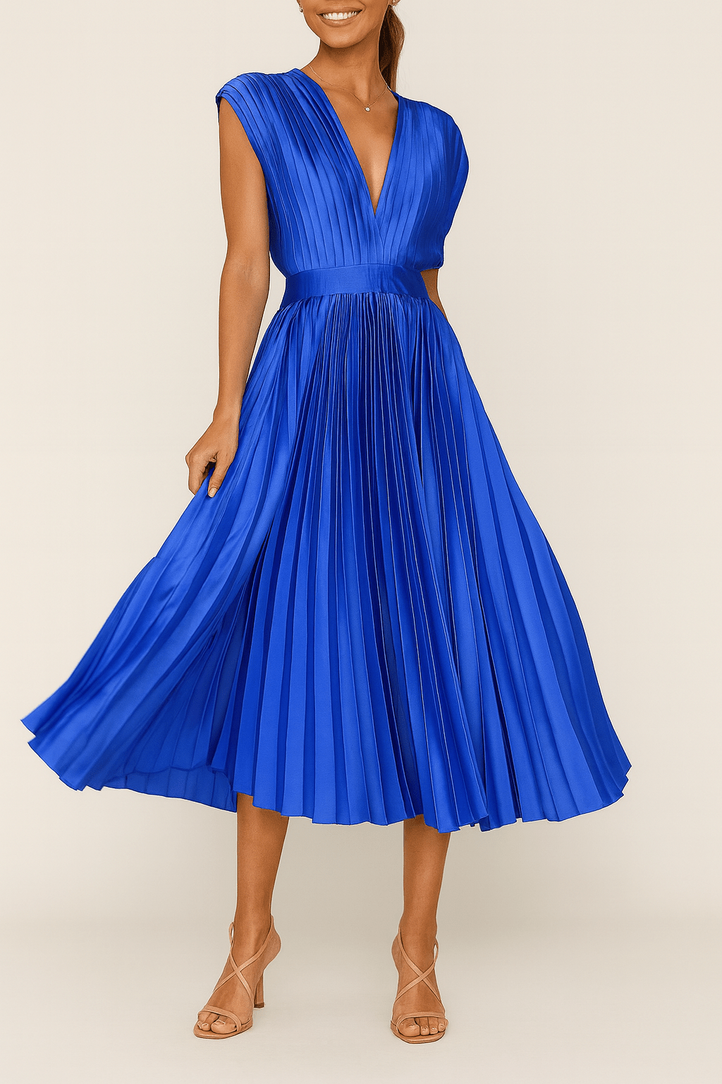 Satin Midi Dress – Pleated, Deep V-Neck, Defined Waist for Evening Wear - We are MFEO