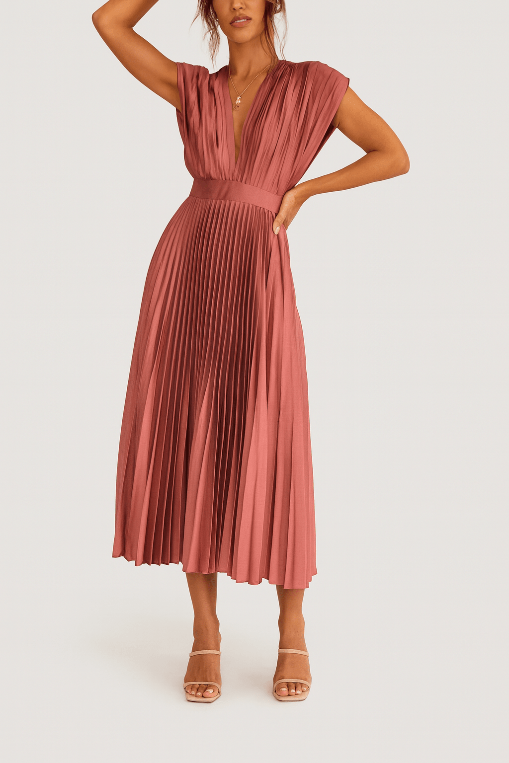 Satin Midi Dress – Pleated, Deep V-Neck, Defined Waist for Evening Wear - We are MFEO