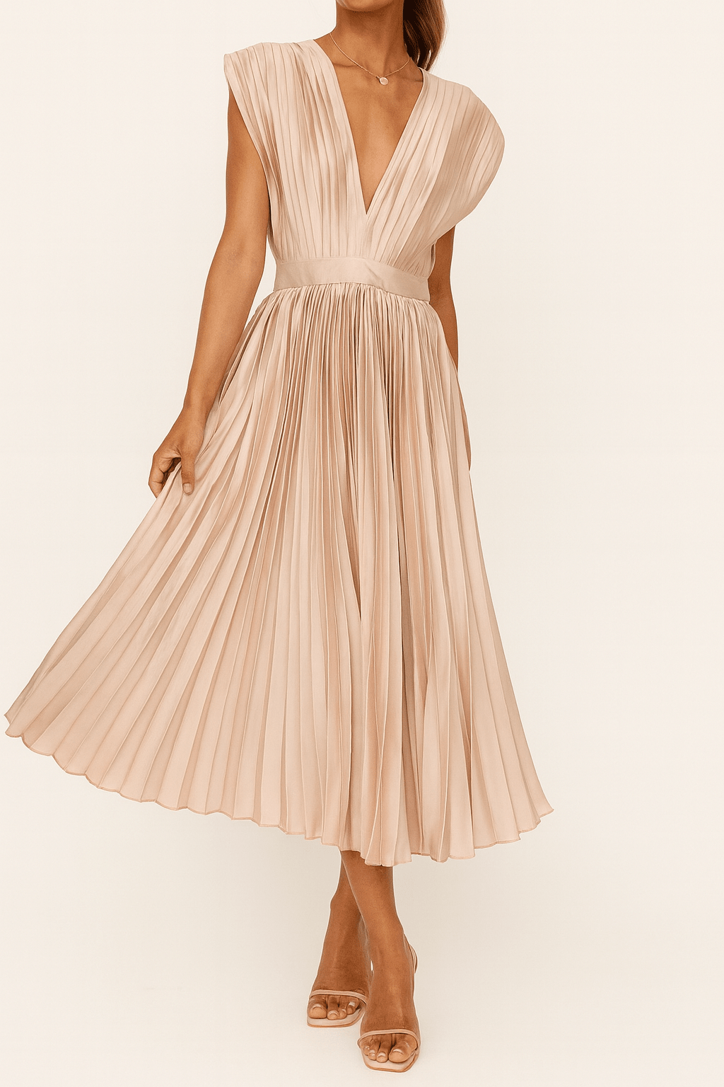 Satin Midi Dress – Pleated, Deep V-Neck, Defined Waist for Evening Wear - We are MFEO