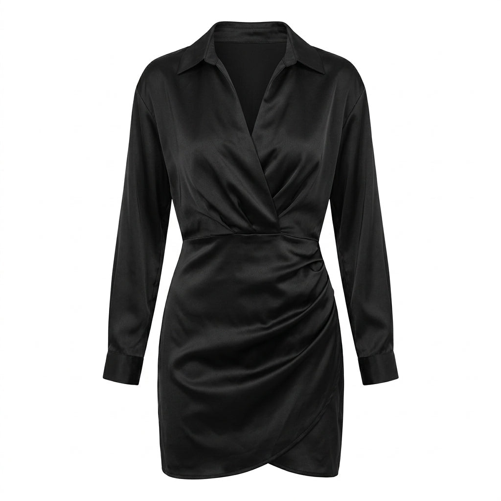 Satin Wrap Mini Dress – Collared V-Neck, Gathered Waist - We are MFEO