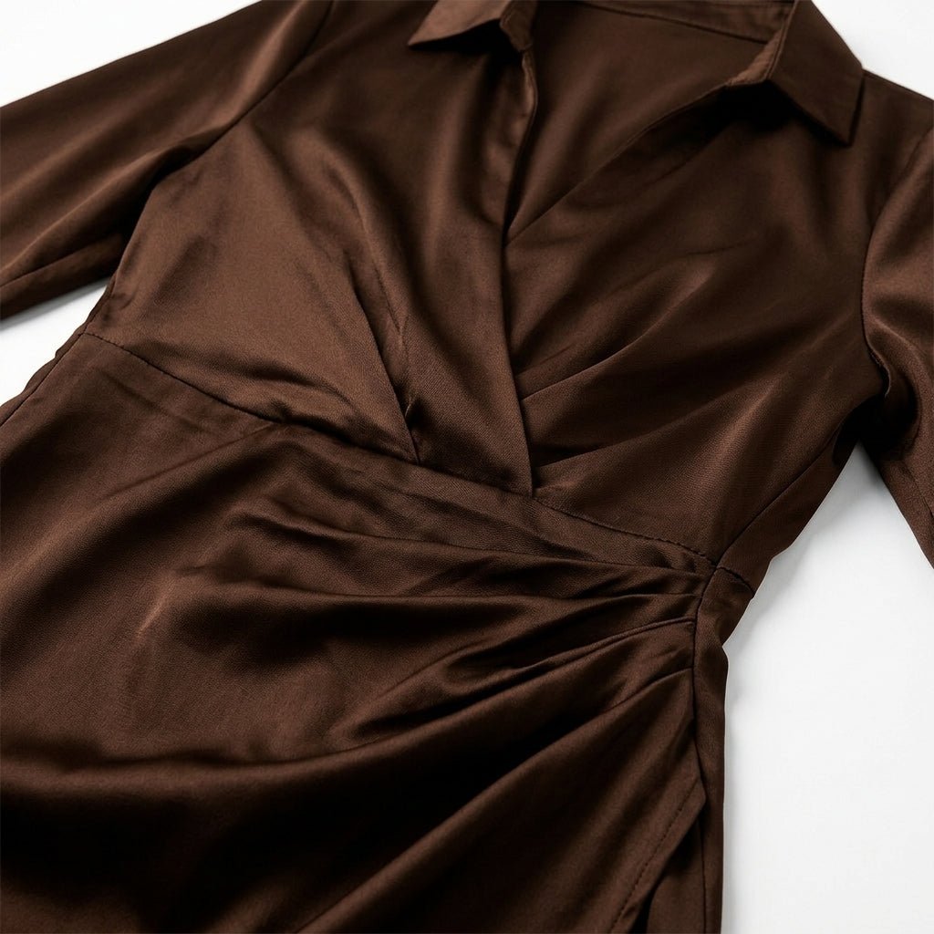 Satin Wrap Mini Dress – Collared V-Neck, Gathered Waist - We are MFEO