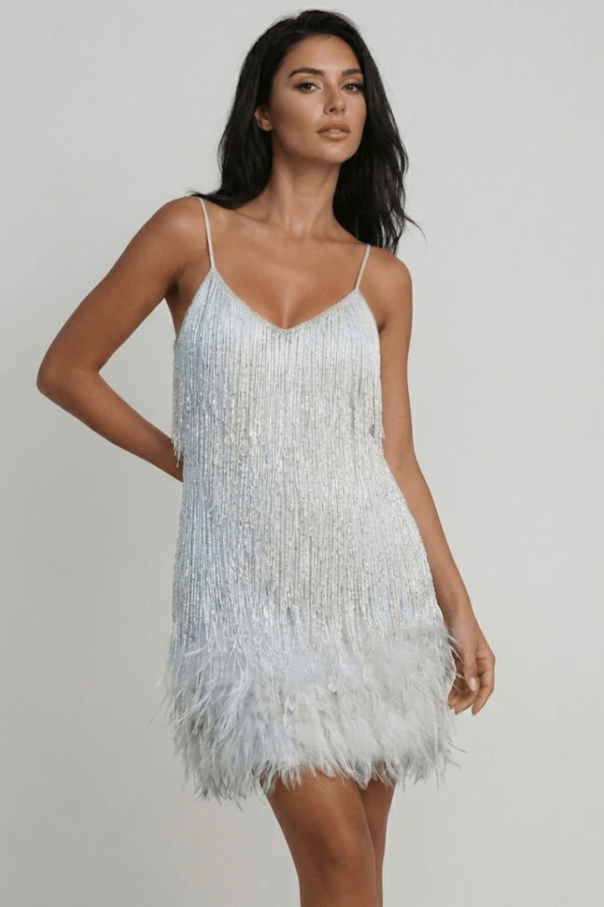Sequin Cocktail Mini Dress with Feather Trim – Slim Fit - We are MFEO
