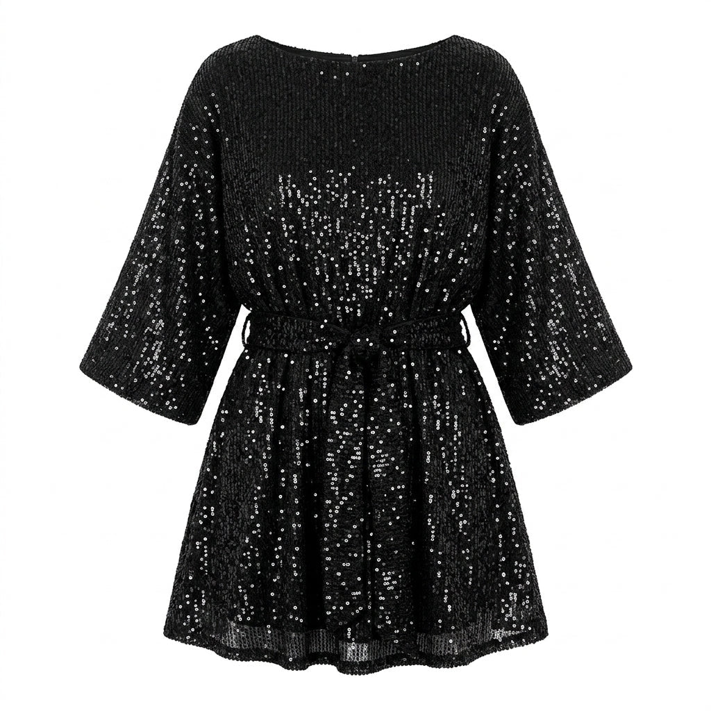 Sequin Mini Dress with Waist Tie – Relaxed Fit Cocktail Dress for Parties - We are MFEO