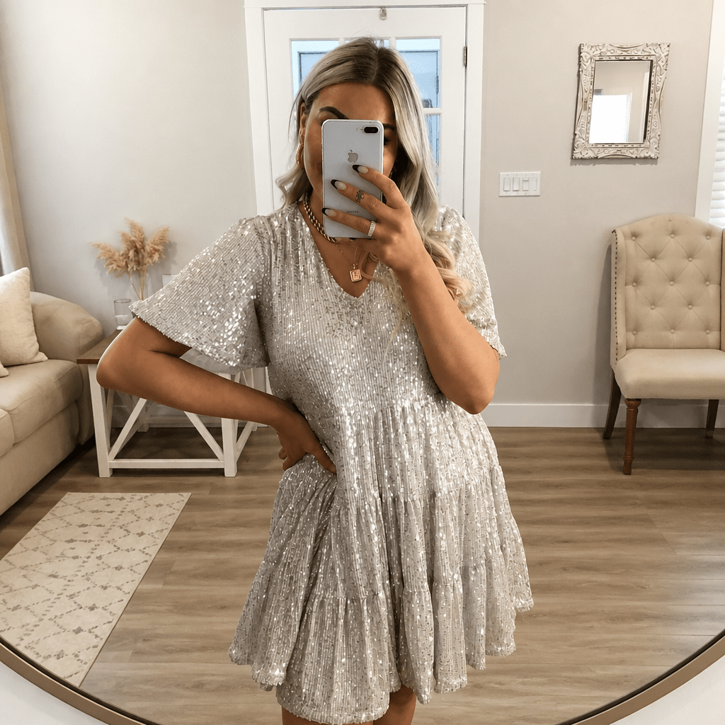 Sequin Oversized Mini Dress – Flowy Tiered Silhouette for Parties and Special Occasions - We are MFEO