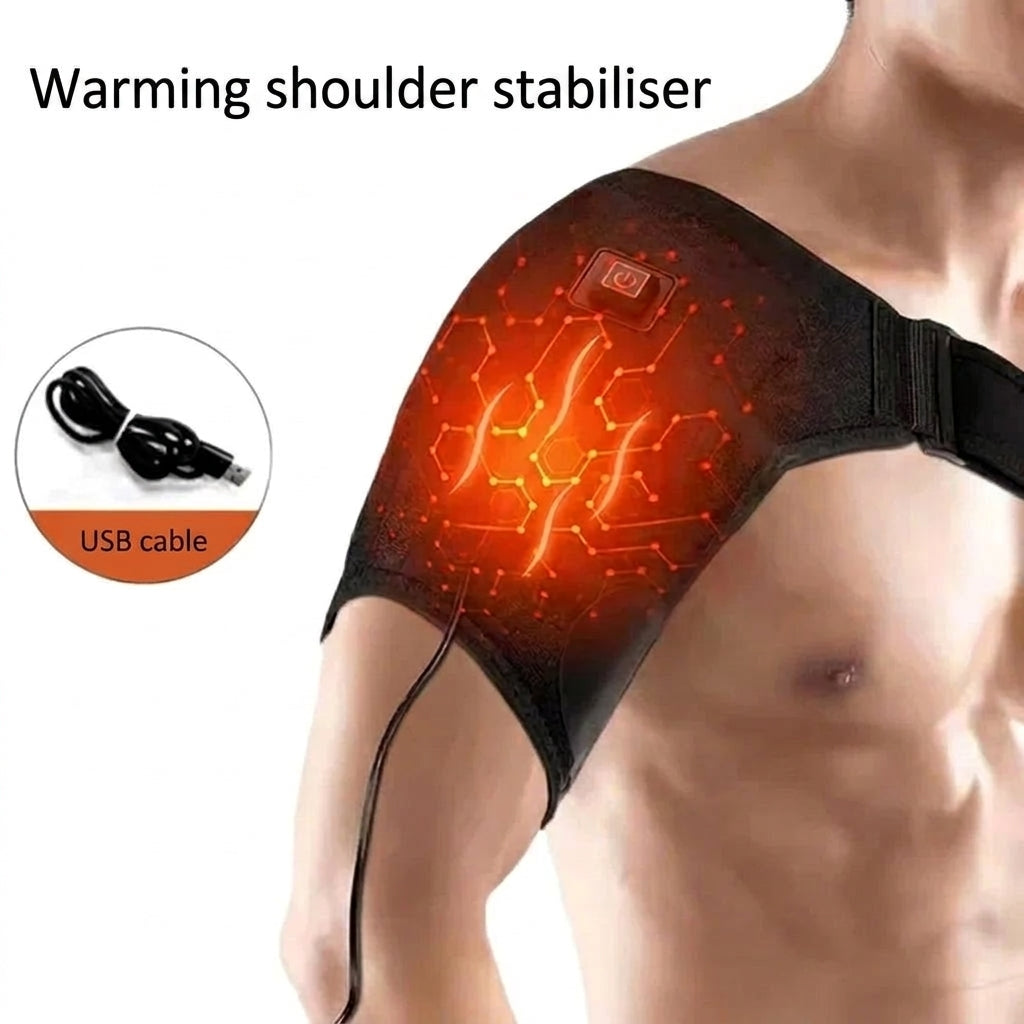 A man wearing a heated shoulder brace with a glowing circuit pattern, shown with a USB cable for power.
