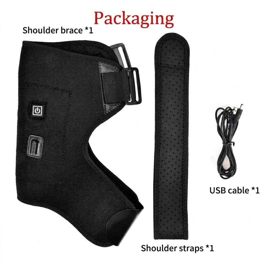 A heated shoulder brace kit including the neoprene support, an extension strap, and a USB charging cable.