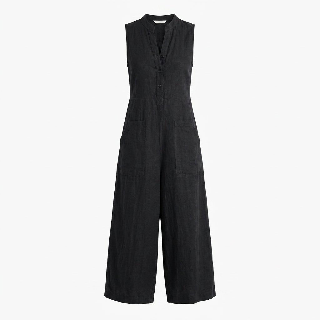 Sleeveless Wide Leg Jumpsuit with Mandarin Collar and Pockets - Summer Casual Outfit - We are MFEO