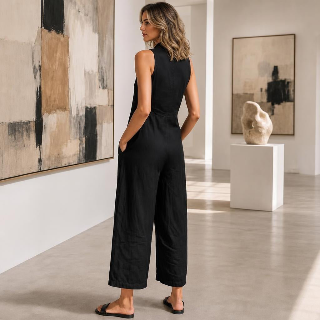 Sleeveless Wide Leg Jumpsuit with Mandarin Collar and Pockets - Summer Casual Outfit - We are MFEO