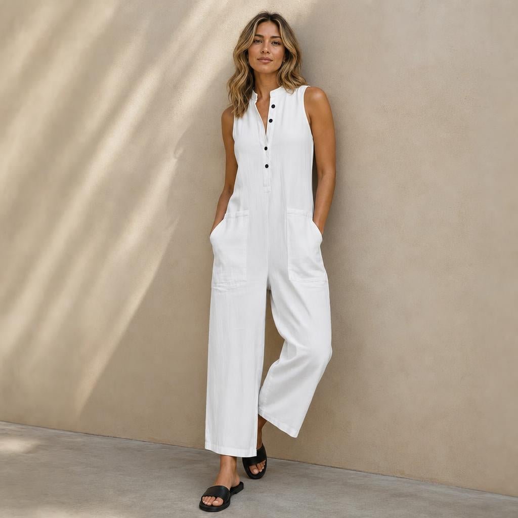 Sleeveless Wide Leg Jumpsuit with Mandarin Collar and Pockets - Summer Casual Outfit - We are MFEO