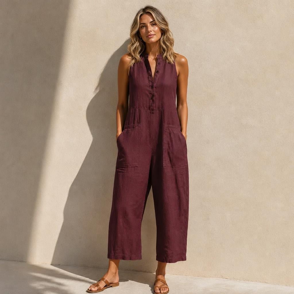 Sleeveless Wide Leg Jumpsuit with Mandarin Collar and Pockets - Summer Casual Outfit - We are MFEO