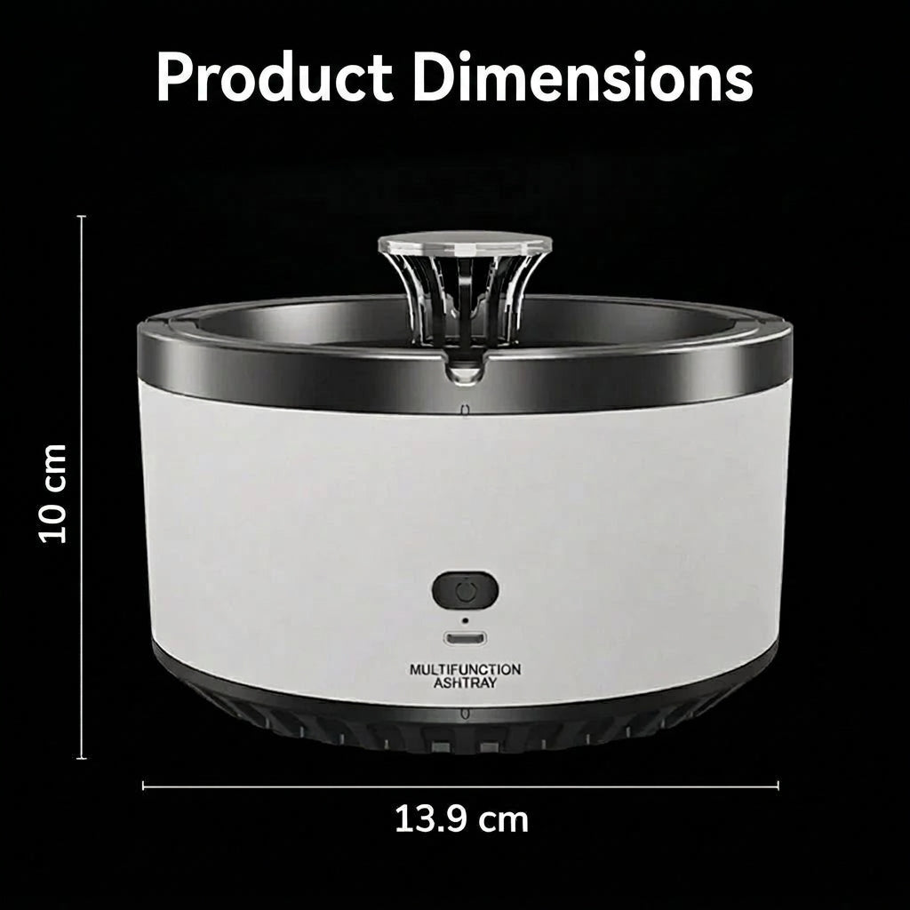 A white and black multifunction smokeless ashtray measuring 10 cm in height and 13.9 cm in width.