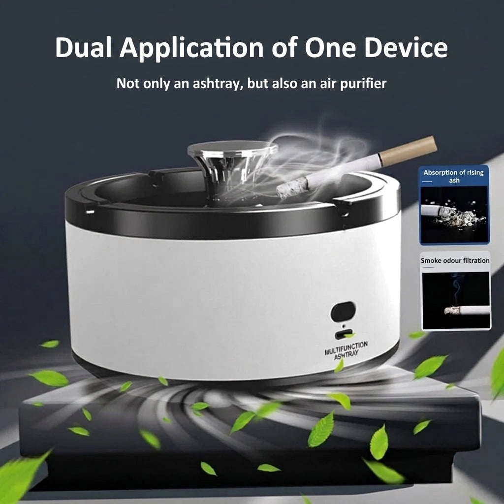 A white multifunction smokeless ashtray with a cigarette resting on top, showing air purification and ash suction features.