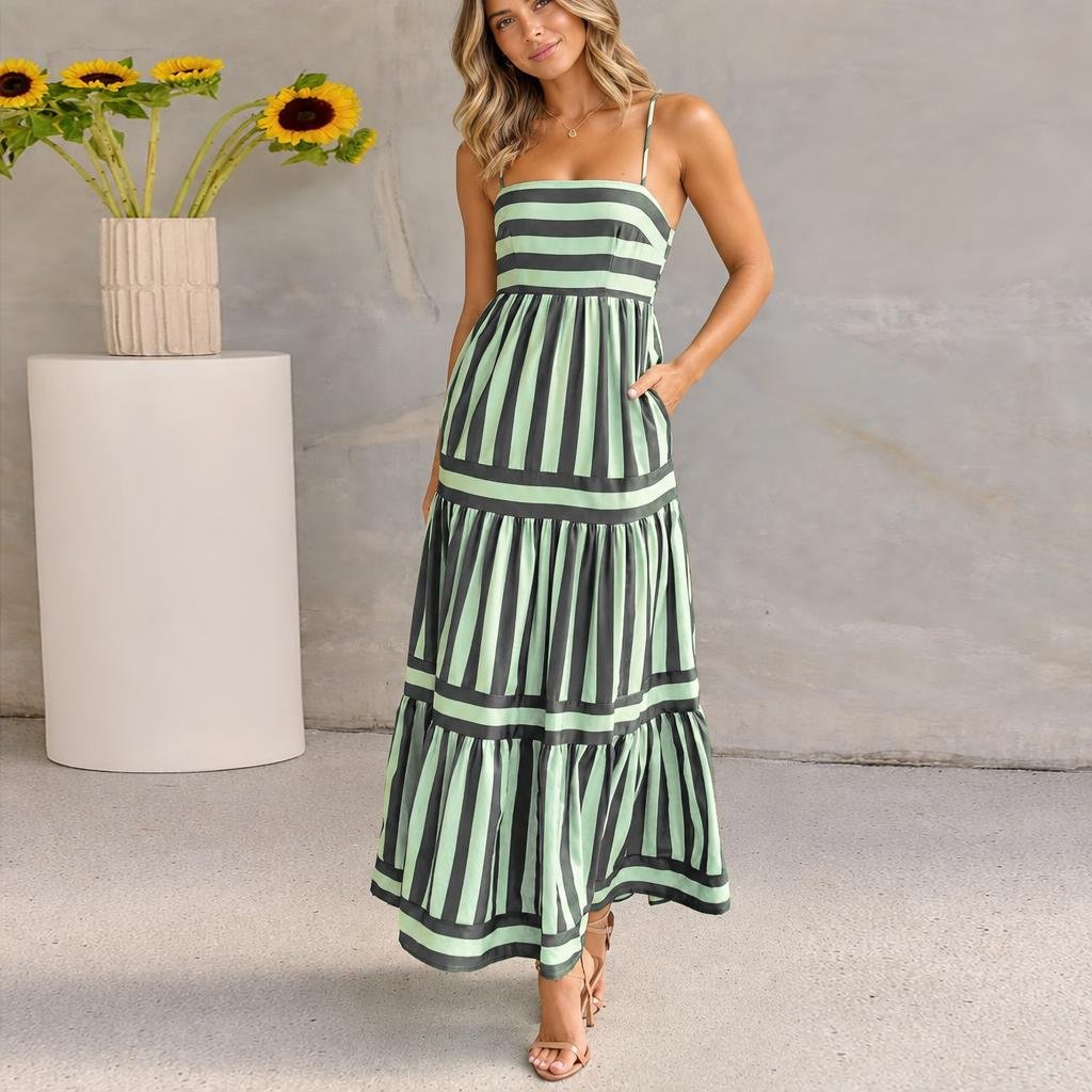 Striped Maxi Dress for Summer – Tiered Silhouette with Pockets - We are MFEO
