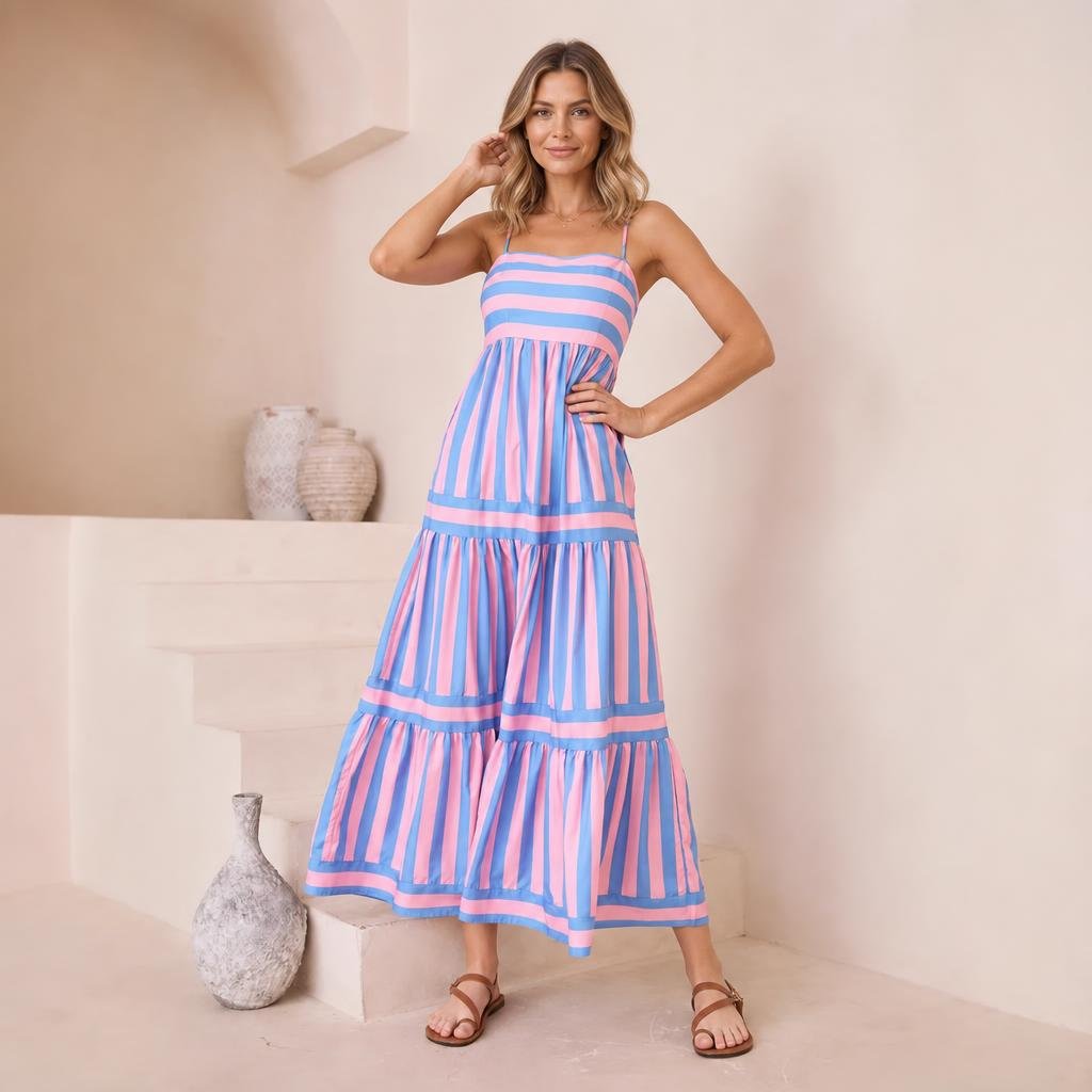 Striped Maxi Dress for Summer – Tiered Silhouette with Pockets - We are MFEO