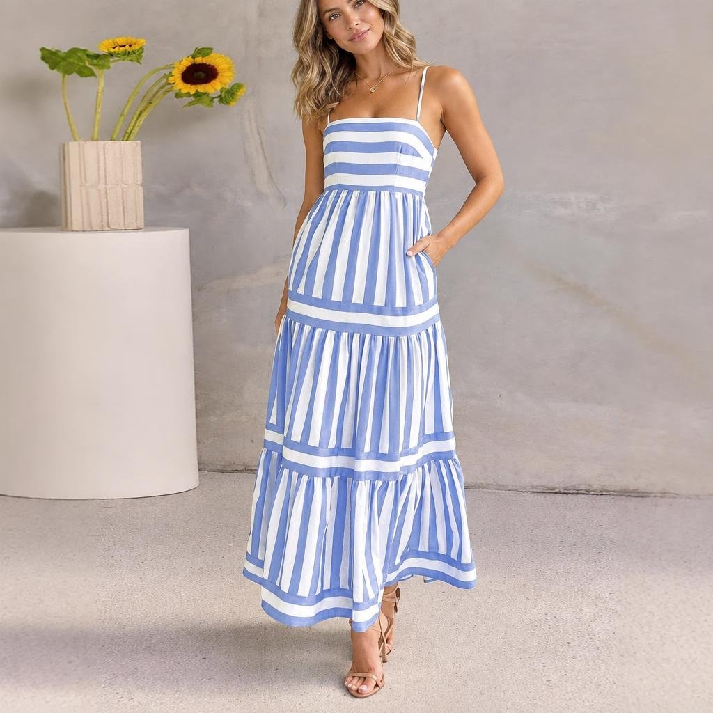 Striped Maxi Dress for Summer – Tiered Silhouette with Pockets - We are MFEO