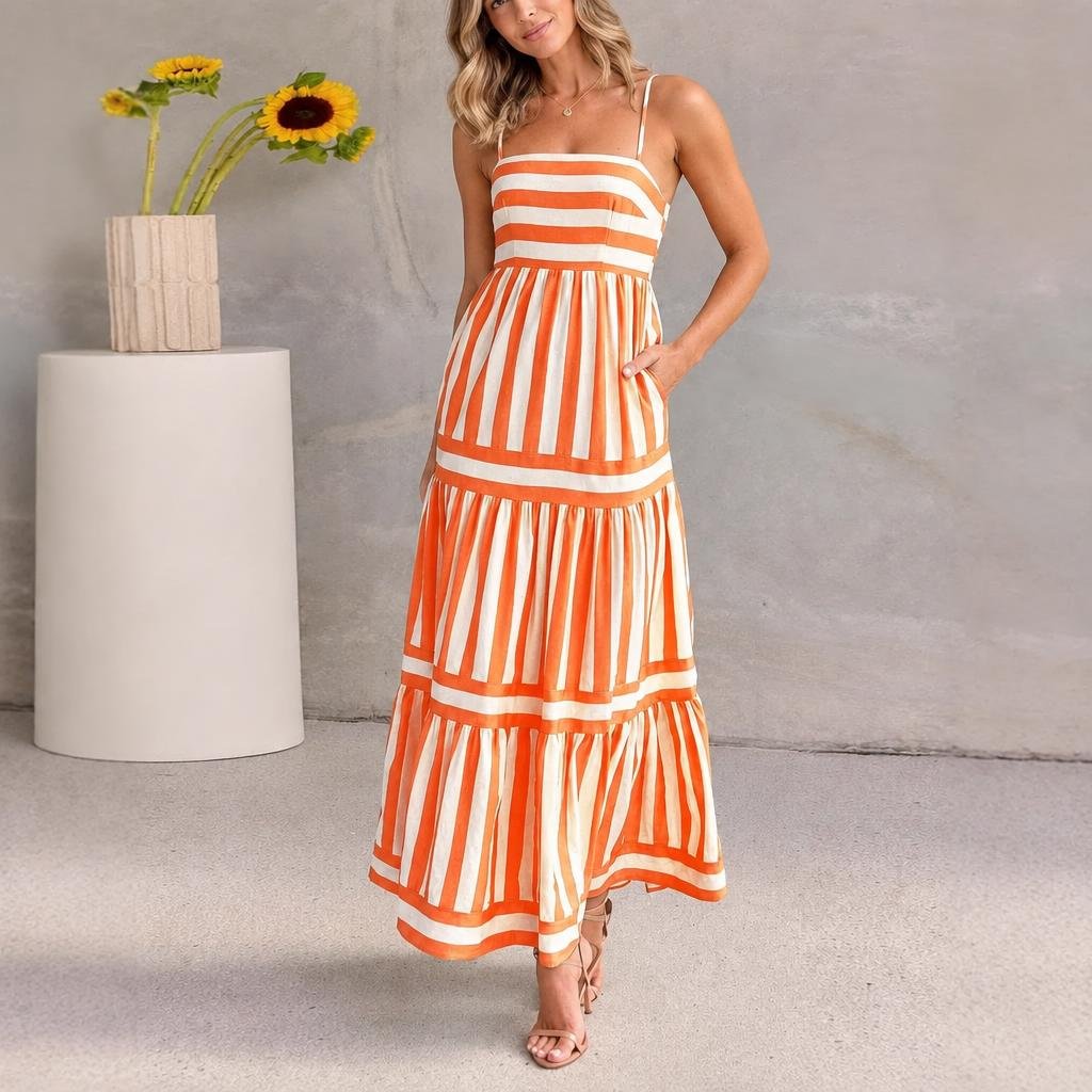 Striped Maxi Dress for Summer – Tiered Silhouette with Pockets - We are MFEO