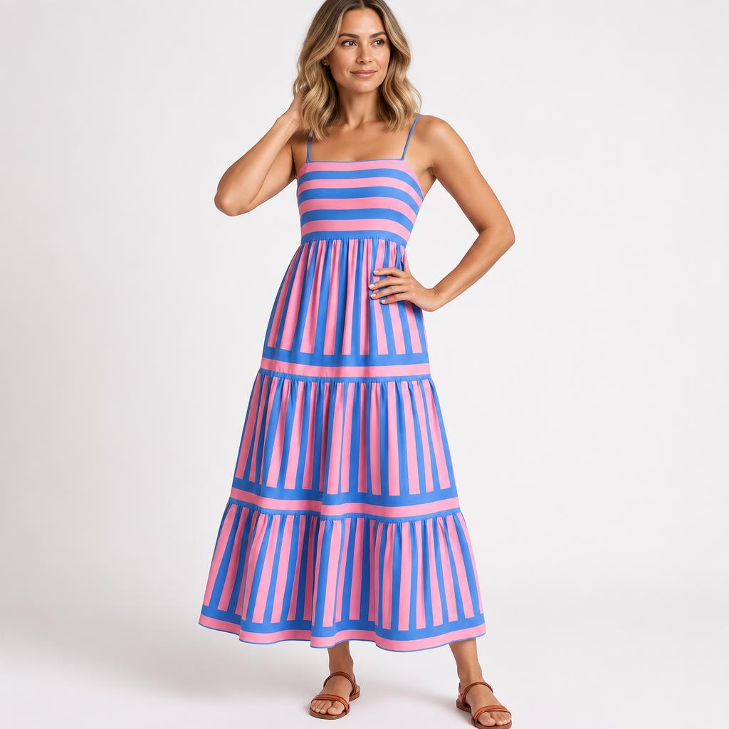 Striped Maxi Dress for Summer – Tiered Silhouette with Pockets - We are MFEO