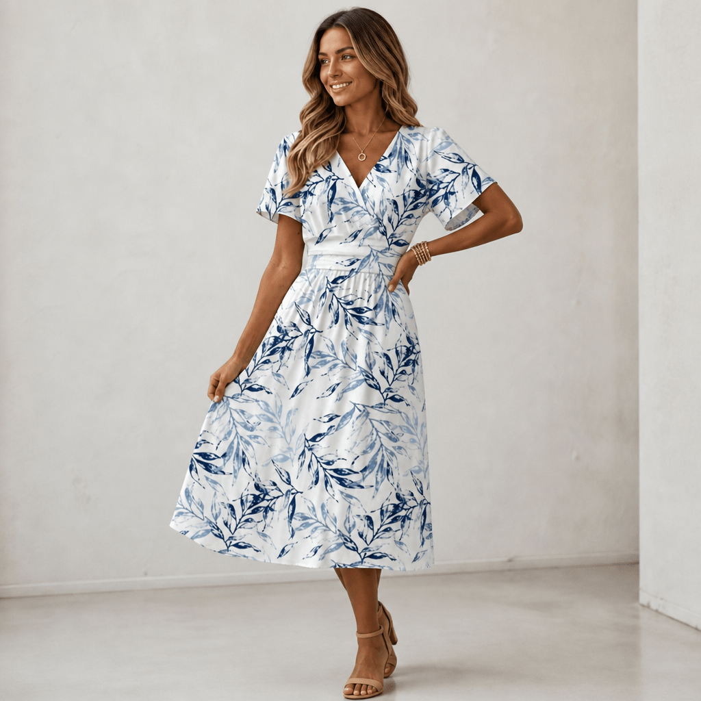 Summer Floral Wrap Midi Dress – V-Neck with Tie Waist, Plus Size Available - We are MFEO