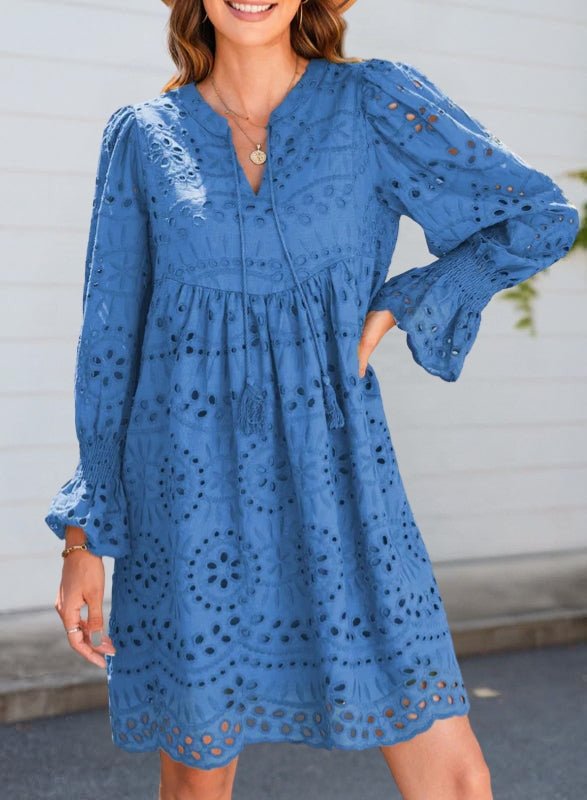 Summer Lace Mini Dress – Long Balloon Sleeves with Tassel Tie Neckline - We are MFEO