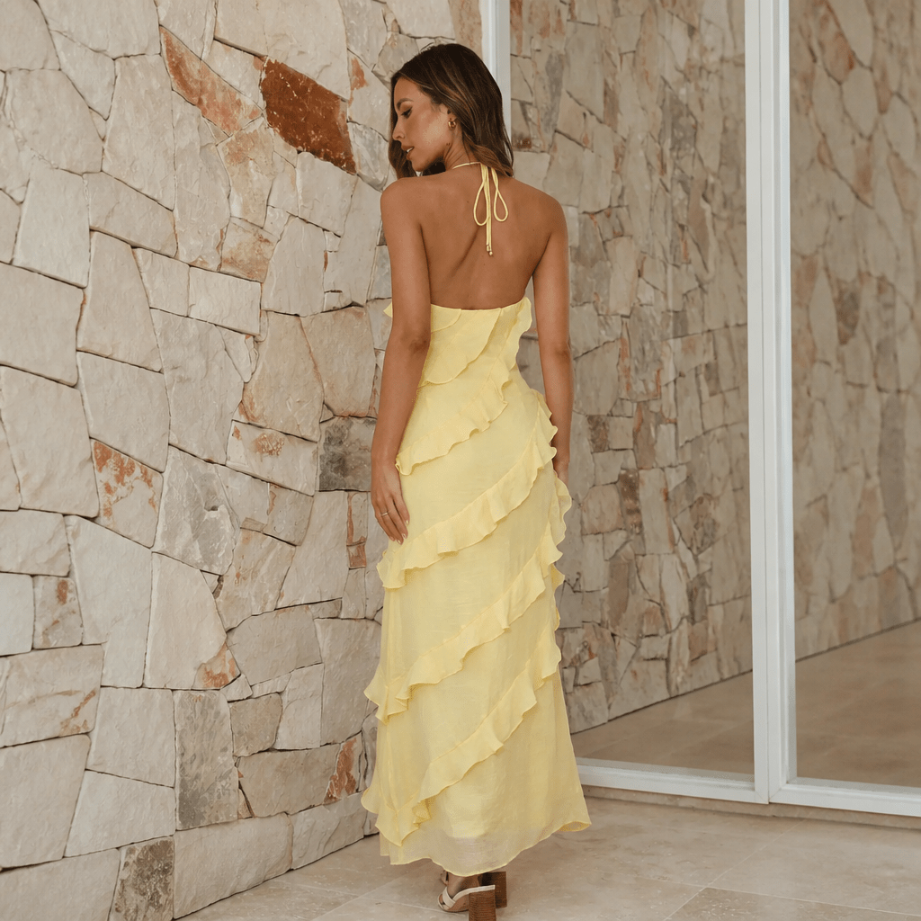 Summer Maxi Dress – Lightweight Halter Style with Tiered Ruffles for Cocktail Events - We are MFEO