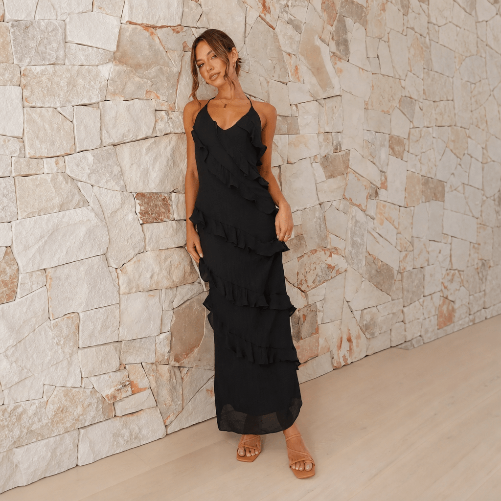 Summer Maxi Dress – Lightweight Halter Style with Tiered Ruffles for Cocktail Events - We are MFEO