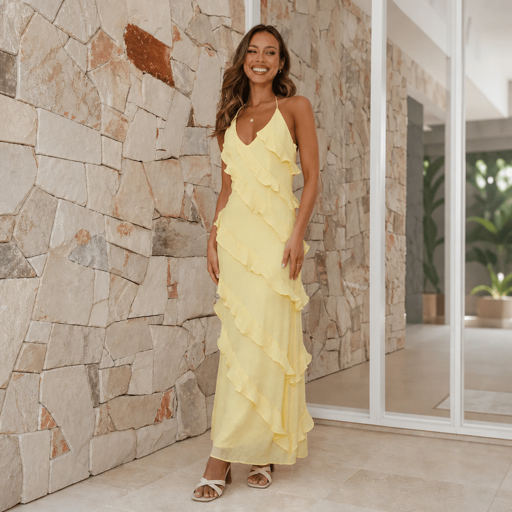 Summer Maxi Dress – Lightweight Halter Style with Tiered Ruffles for Cocktail Events - We are MFEO
