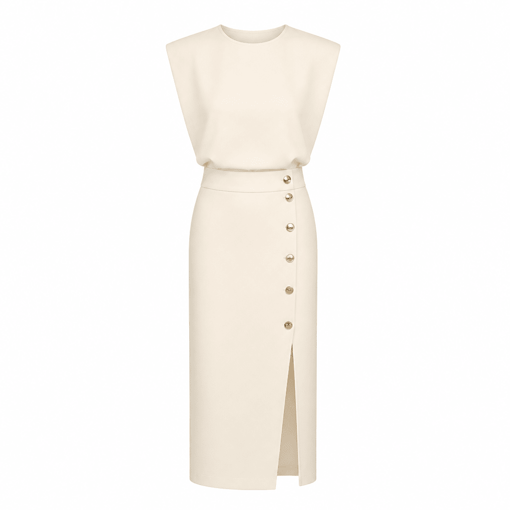 Tailored Midi Office Dress with Structured Shoulders and Side Pockets - We are MFEO