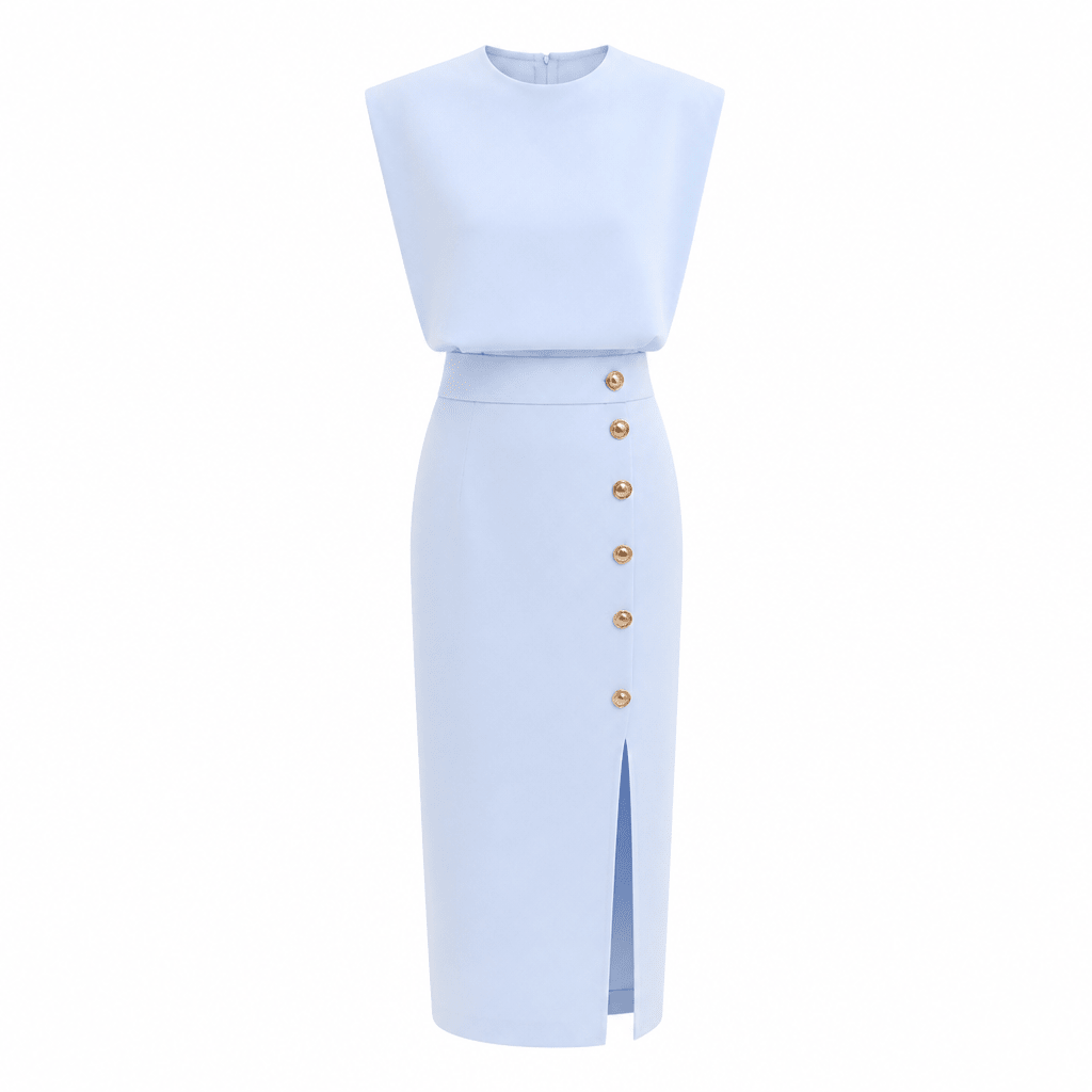 Tailored Midi Office Dress with Structured Shoulders and Side Pockets - We are MFEO