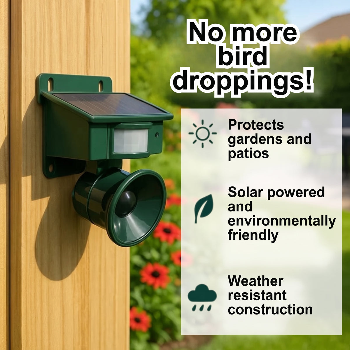 A green solar-powered bird deterrent with a motion sensor mounted on a wooden post in a garden.