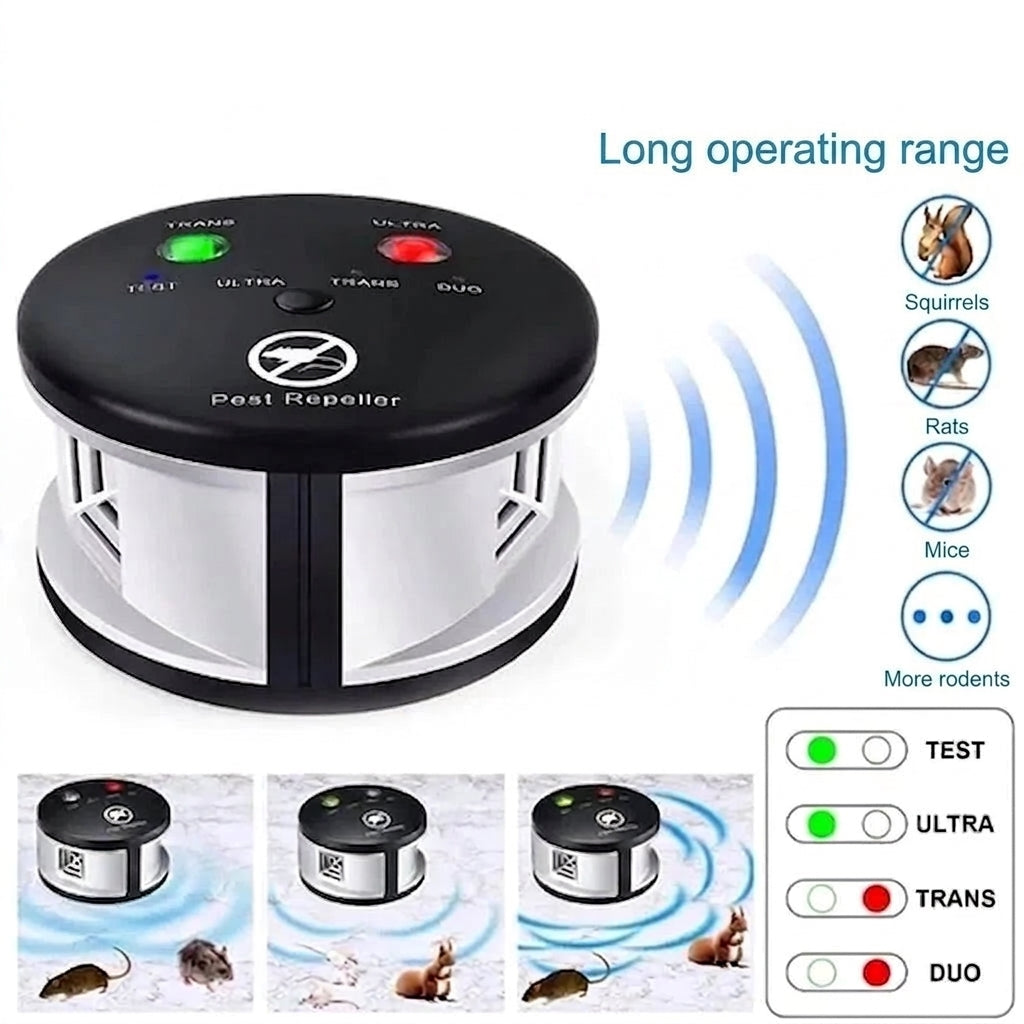 An ultrasonic pest repeller device with settings for mice, rats, and squirrels, showing its effective range and modes.