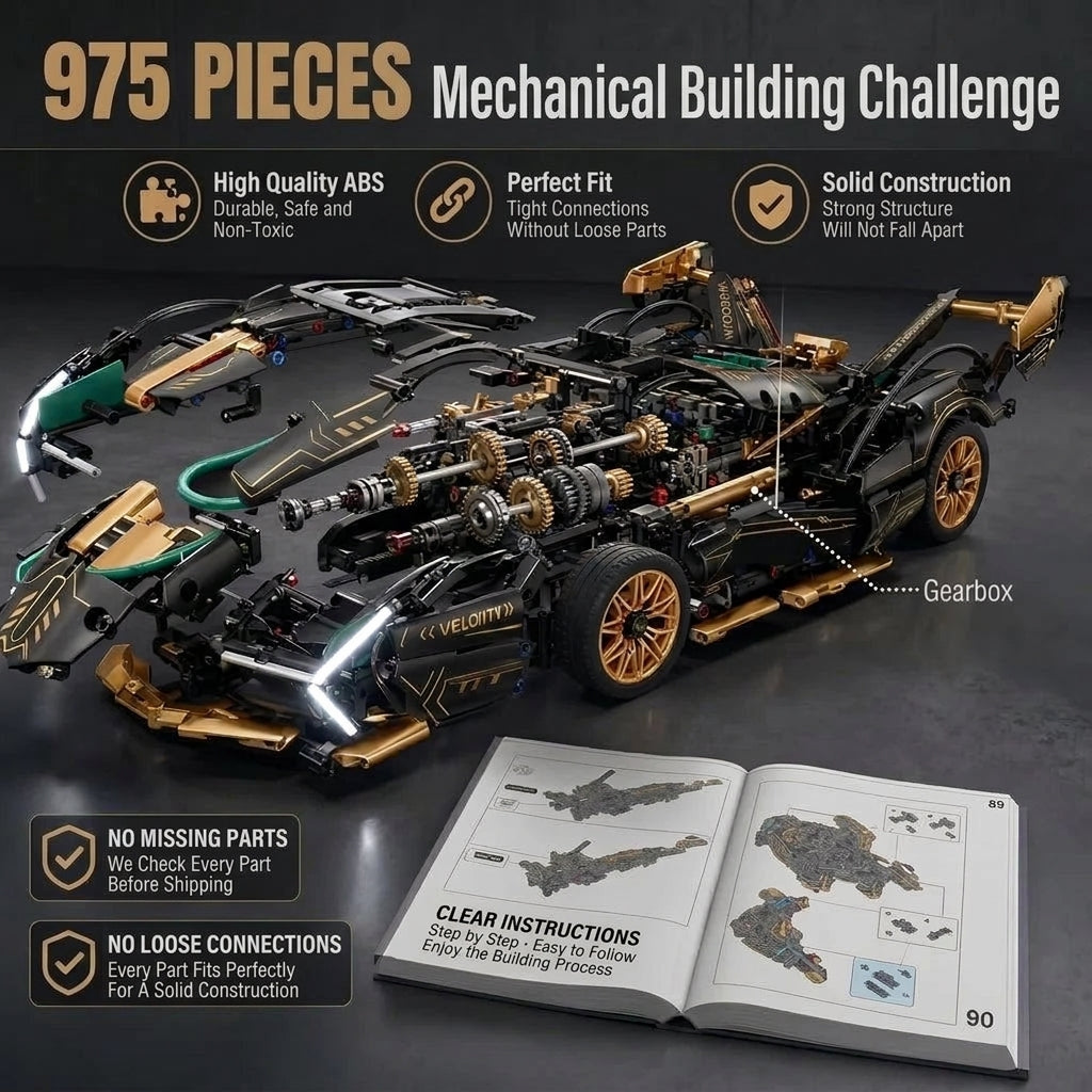 A detailed black and gold V12 car model kit with 975 pieces, displayed alongside its assembly instruction manual.