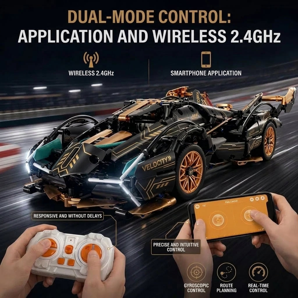 A sleek black and gold V12 car model building block kit shown with dual-mode control via smartphone app and remote controller.