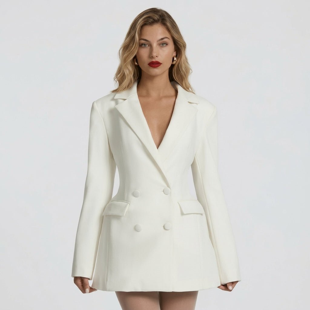 White Blazer Mini Dress – Tailored Double-Breasted for Cocktail and Formal Events - We are MFEO