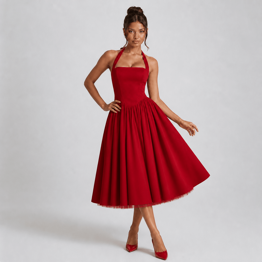 White Midi Dress – Halter Neckline, Structured Bodice for Summer Formal Events - We are MFEO