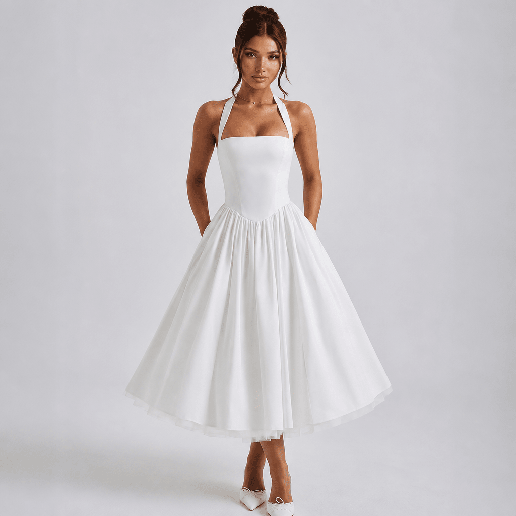 White Midi Dress – Halter Neckline, Structured Bodice for Summer Formal Events - We are MFEO