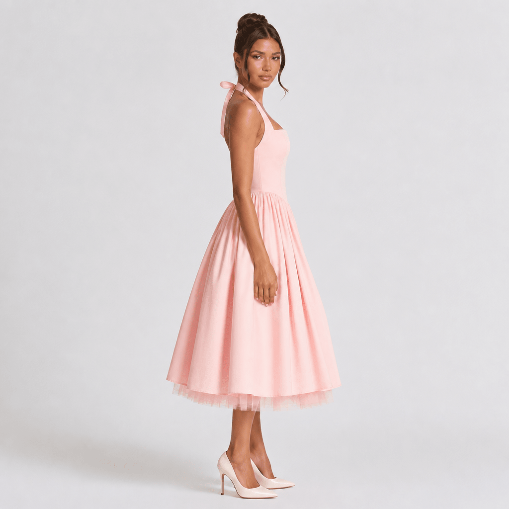 White Midi Dress – Halter Neckline, Structured Bodice for Summer Formal Events - We are MFEO