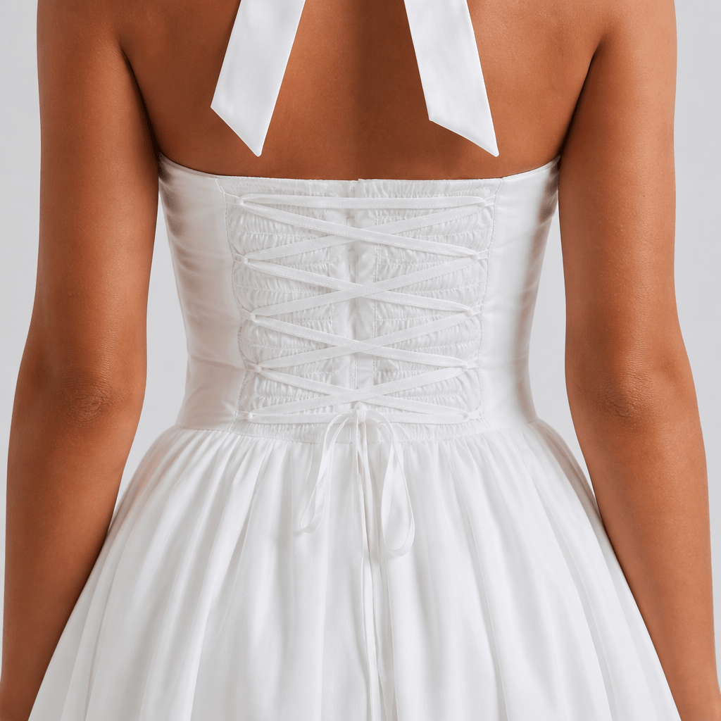White Midi Dress – Halter Neckline, Structured Bodice for Summer Formal Events - We are MFEO