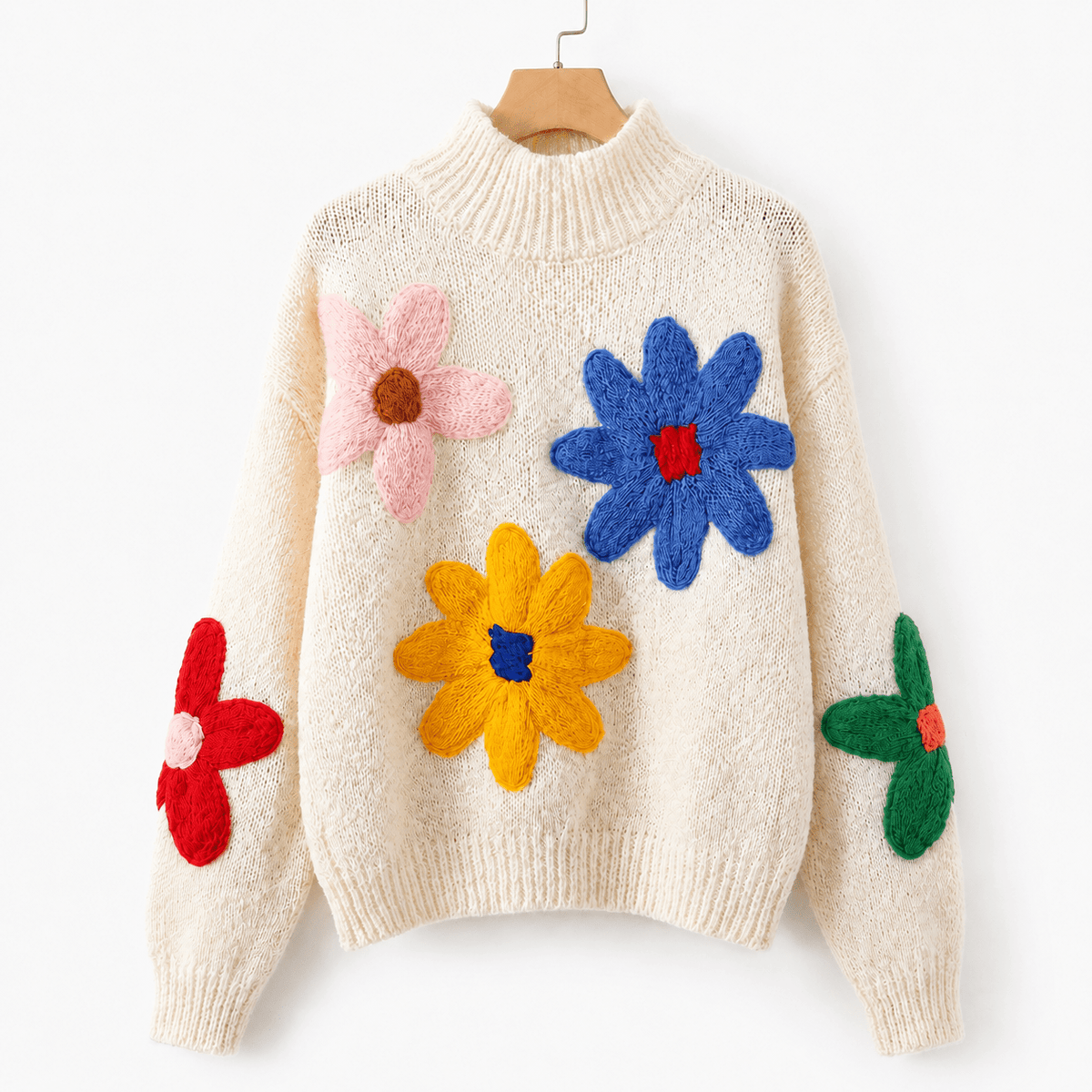 White Oversized Jumper for Women – Casual Knit with 3D Floral Appliqué Design - We are MFEO