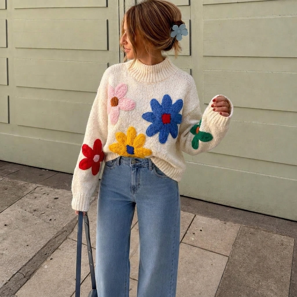 White Oversized Jumper for Women – Casual Knit with 3D Floral Appliqué Design 1
