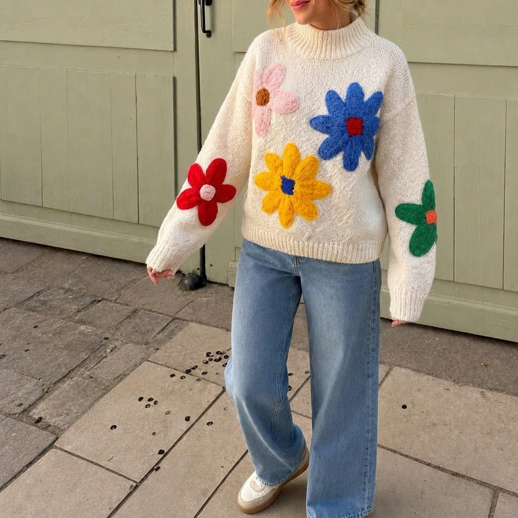 White Oversized Jumper for Women – Casual Knit with 3D Floral Appliqué Design 6