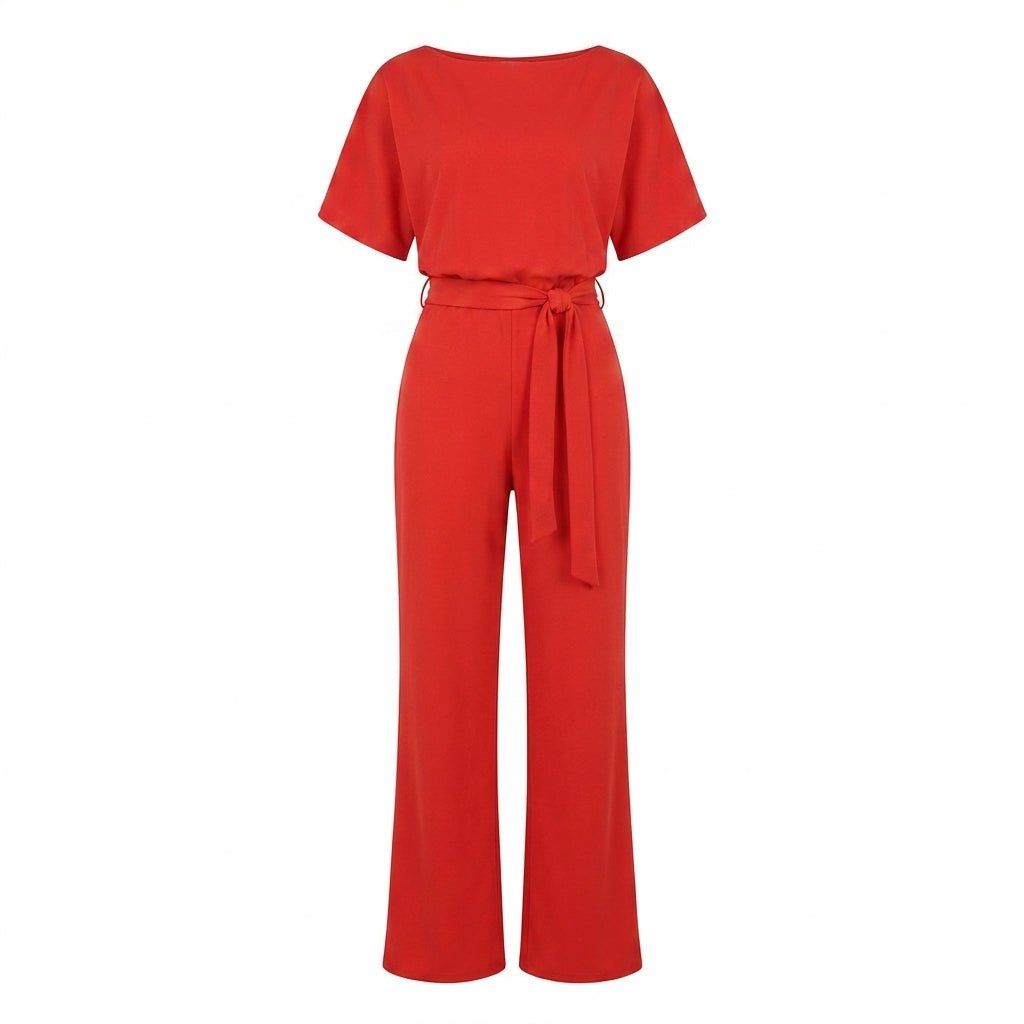 Wide Leg Jumpsuit with Draped Neckline and Waist Tie – Relaxed Fit for Events - We are MFEO