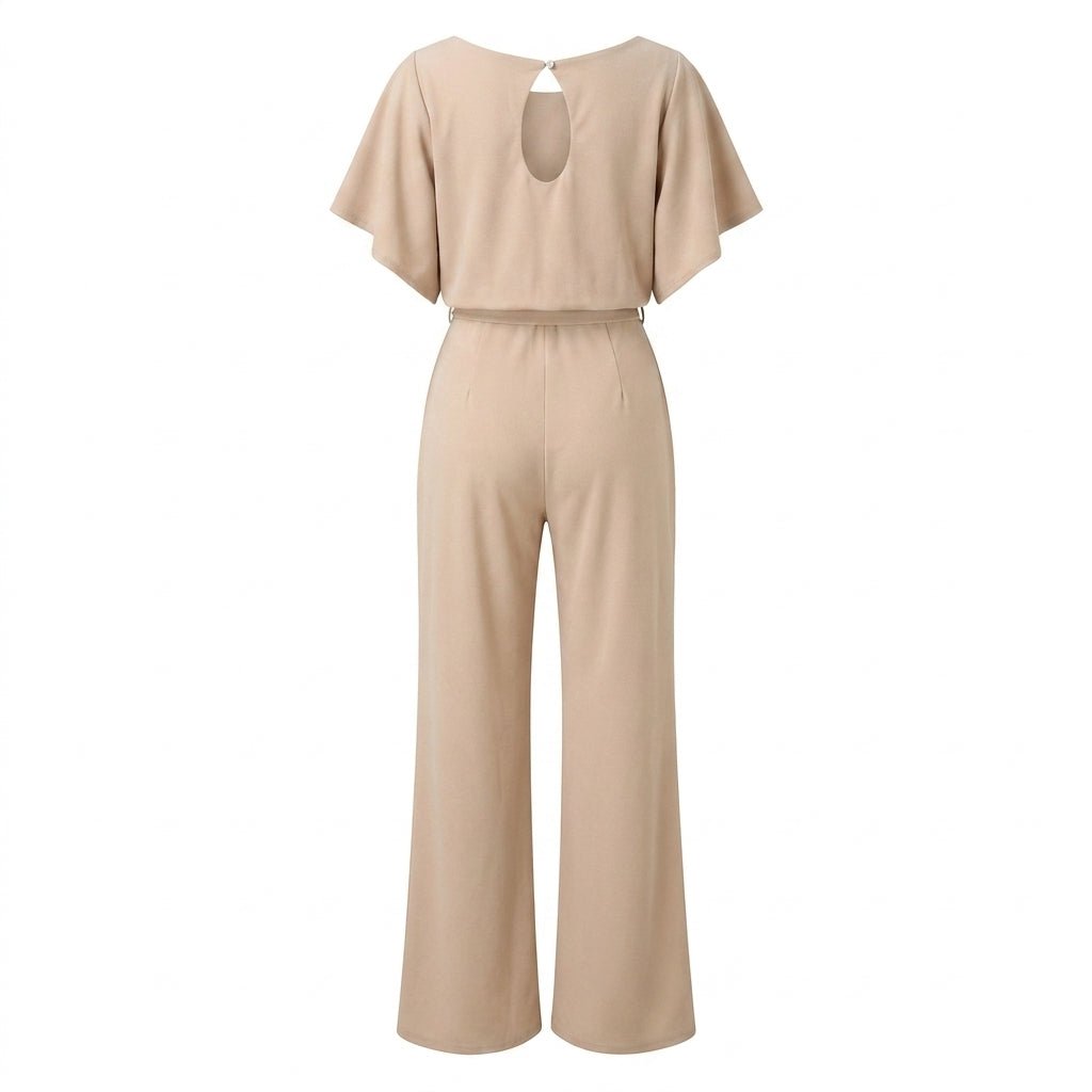Wide Leg Jumpsuit with Draped Neckline and Waist Tie – Relaxed Fit for Events - We are MFEO