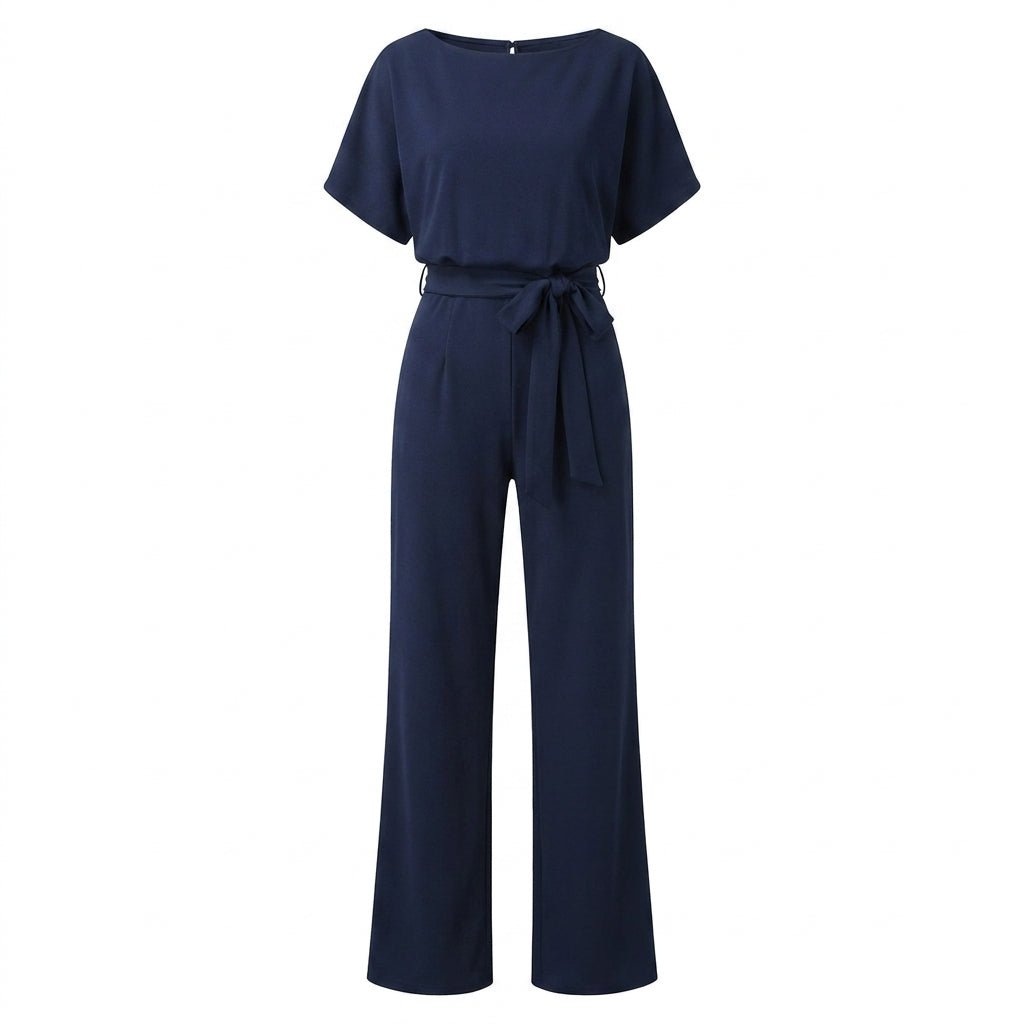 Wide Leg Jumpsuit with Draped Neckline and Waist Tie – Relaxed Fit for Events - We are MFEO