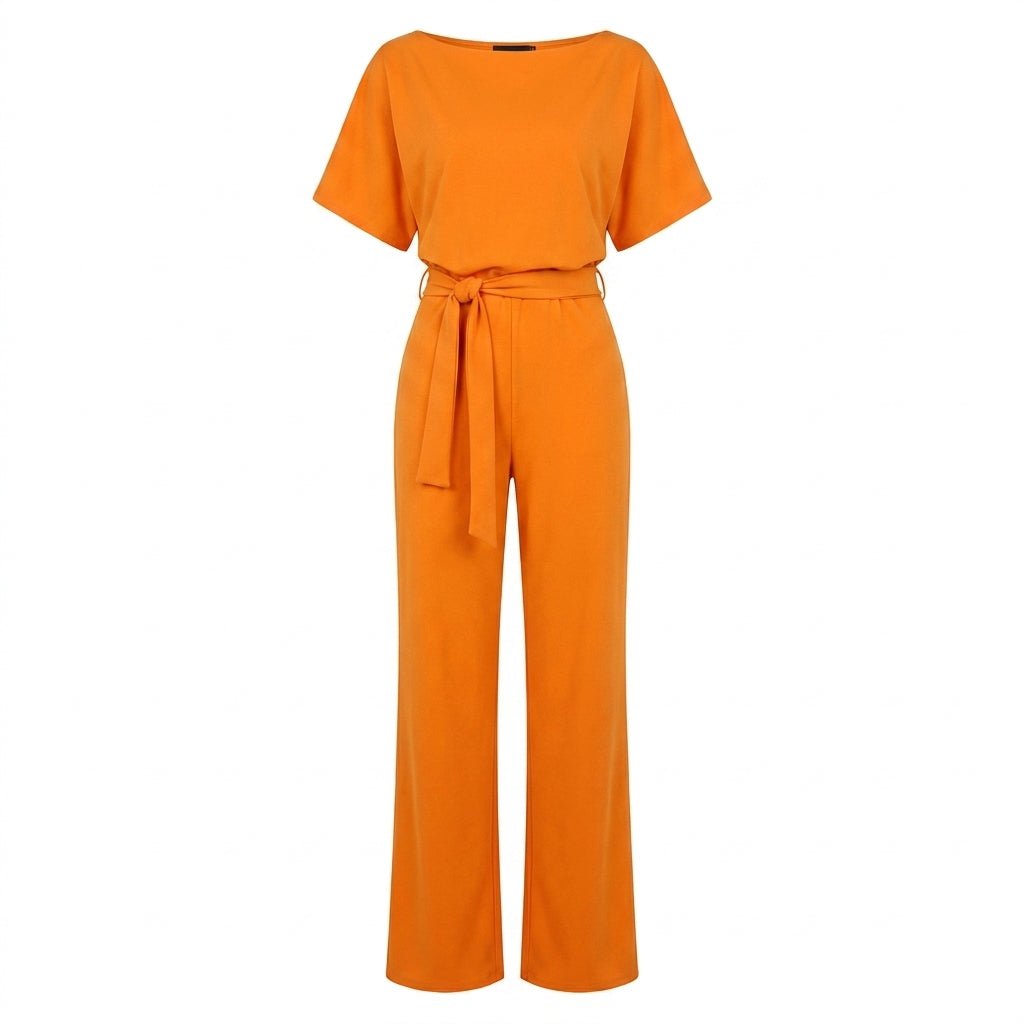 Wide Leg Jumpsuit with Draped Neckline and Waist Tie – Relaxed Fit for Events - We are MFEO