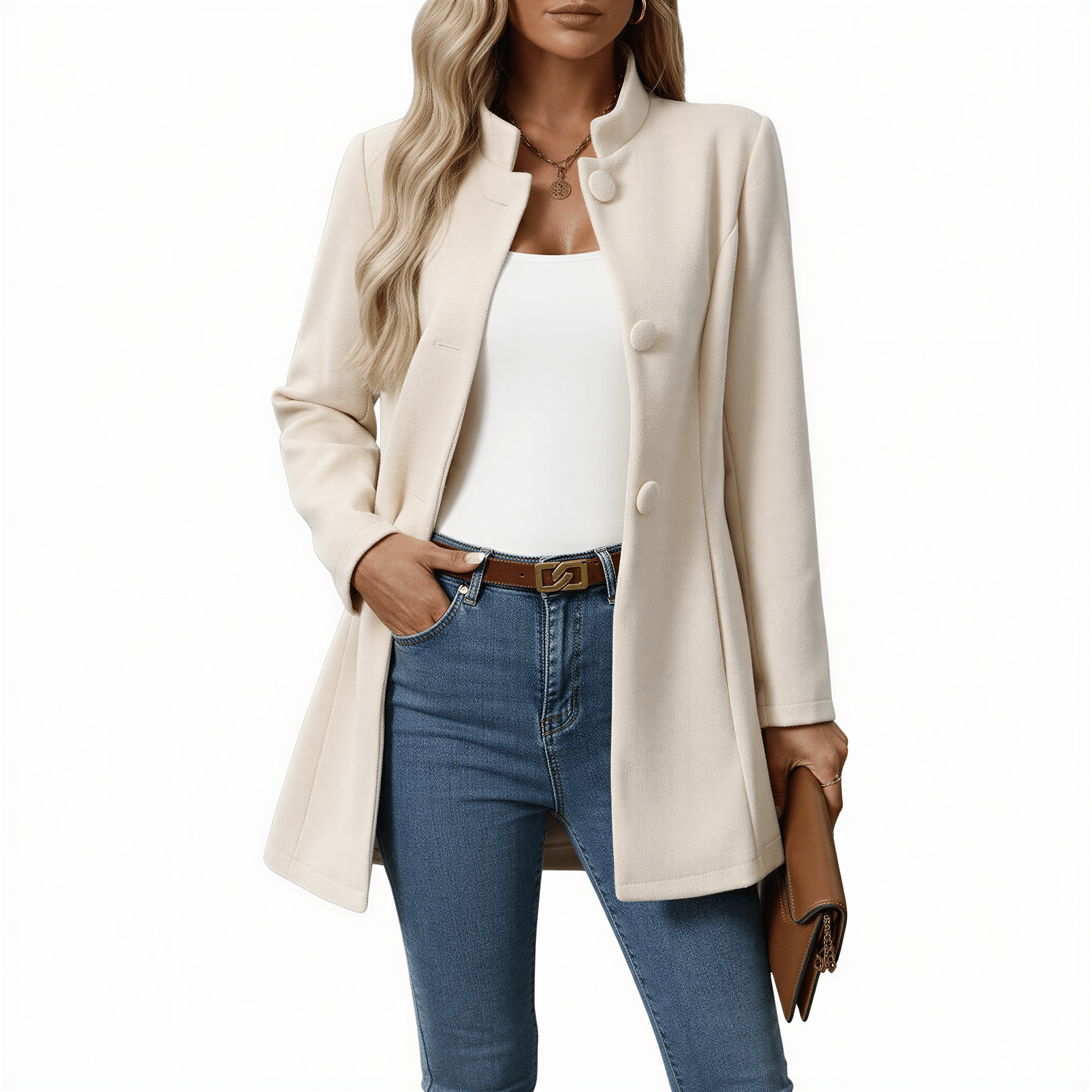 Women's A-Line Winter Coat with Button Front – Stand Collar, Mid-Length for Cold Weather - We are MFEO