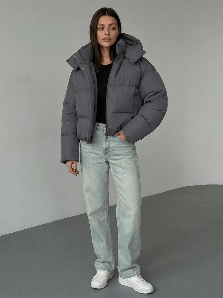 Women's Black Puffer Jacket – Cropped Quilted Design with Hood - We are MFEO
