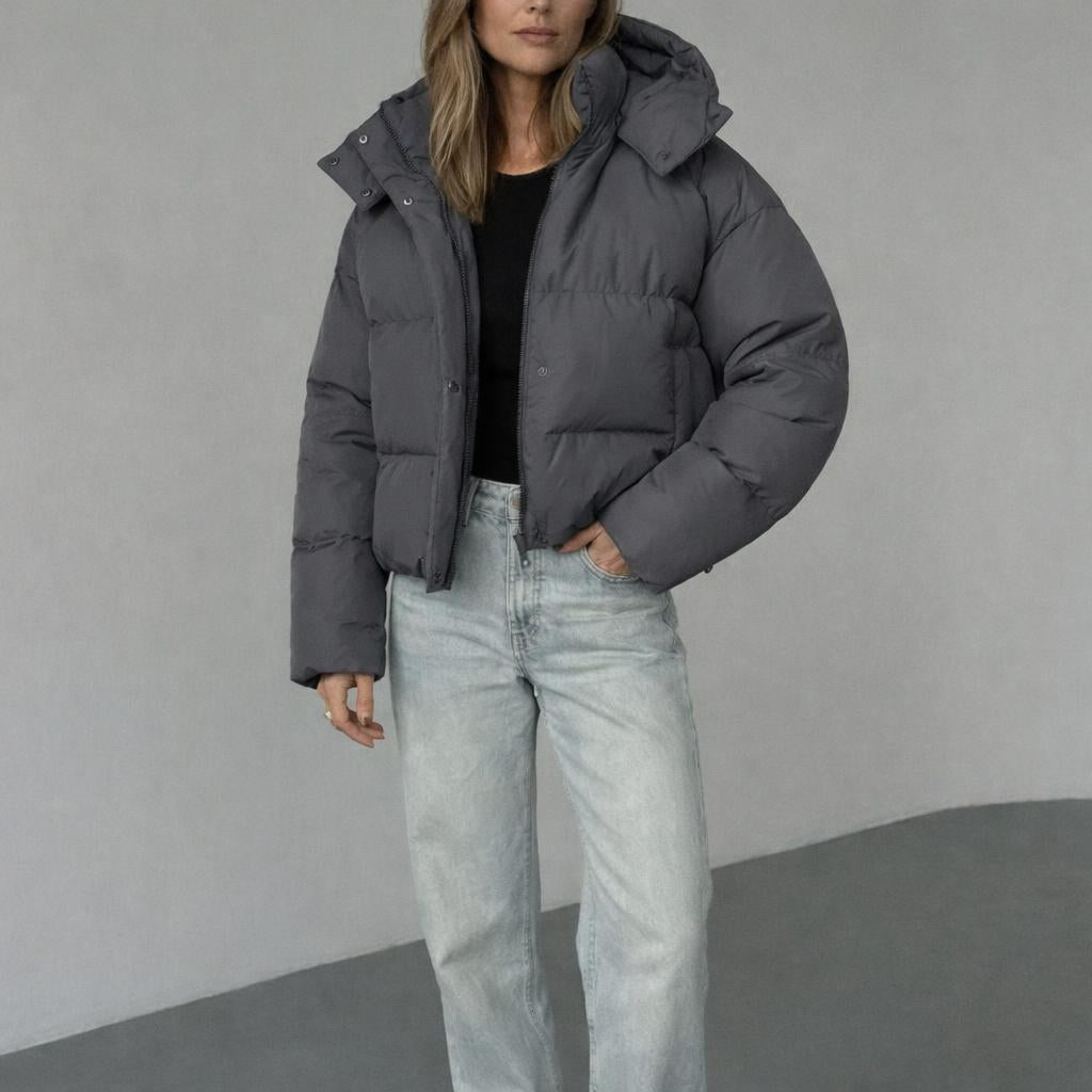 Women's Black Puffer Jacket – Cropped Quilted Design with Hood - We are MFEO