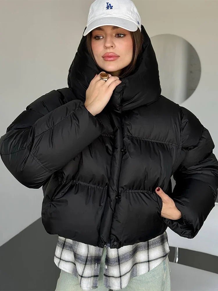 Women's Black Puffer Jacket – Cropped Quilted Design with Hood - We are MFEO