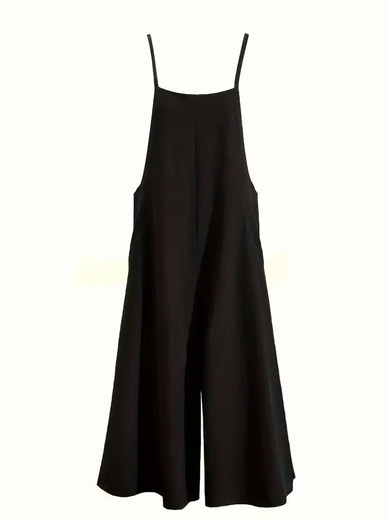 Women's Black Wide Leg Jumpsuit with Adjustable Straps and Pockets - Relaxed Fit - We are MFEO